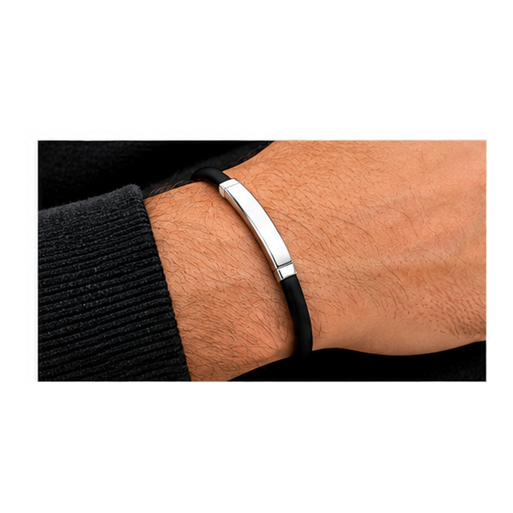 Black Rubber Bracelet for Men | Stainless Steel ID Wristband