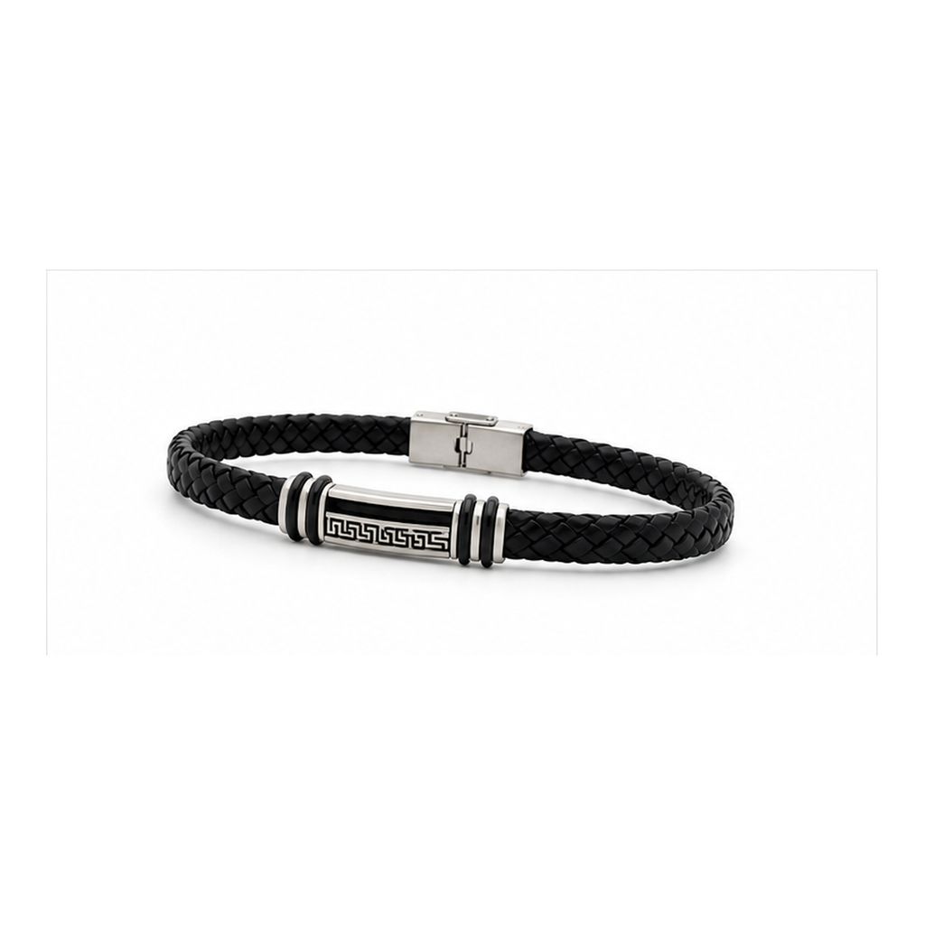 Greek Key Braided Leather Bracelet for Men | Black Leather Stainless Steel Bracelet
