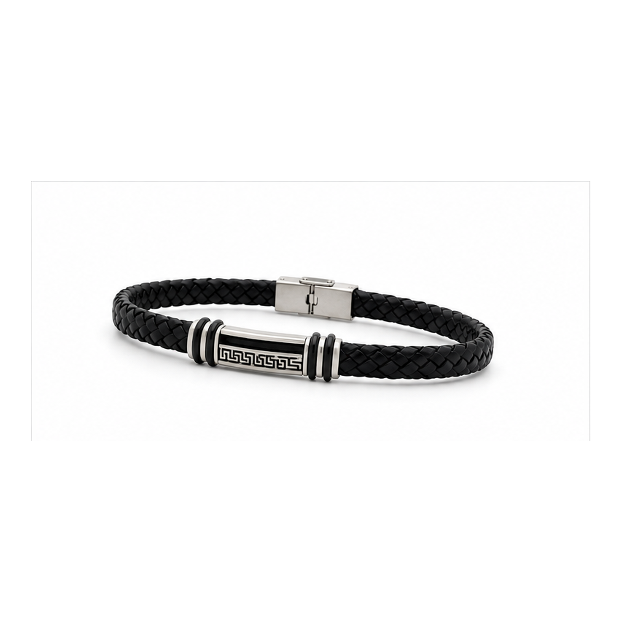 Greek Key Braided Leather Bracelet for Men | Black Leather Stainless Steel Bracelet