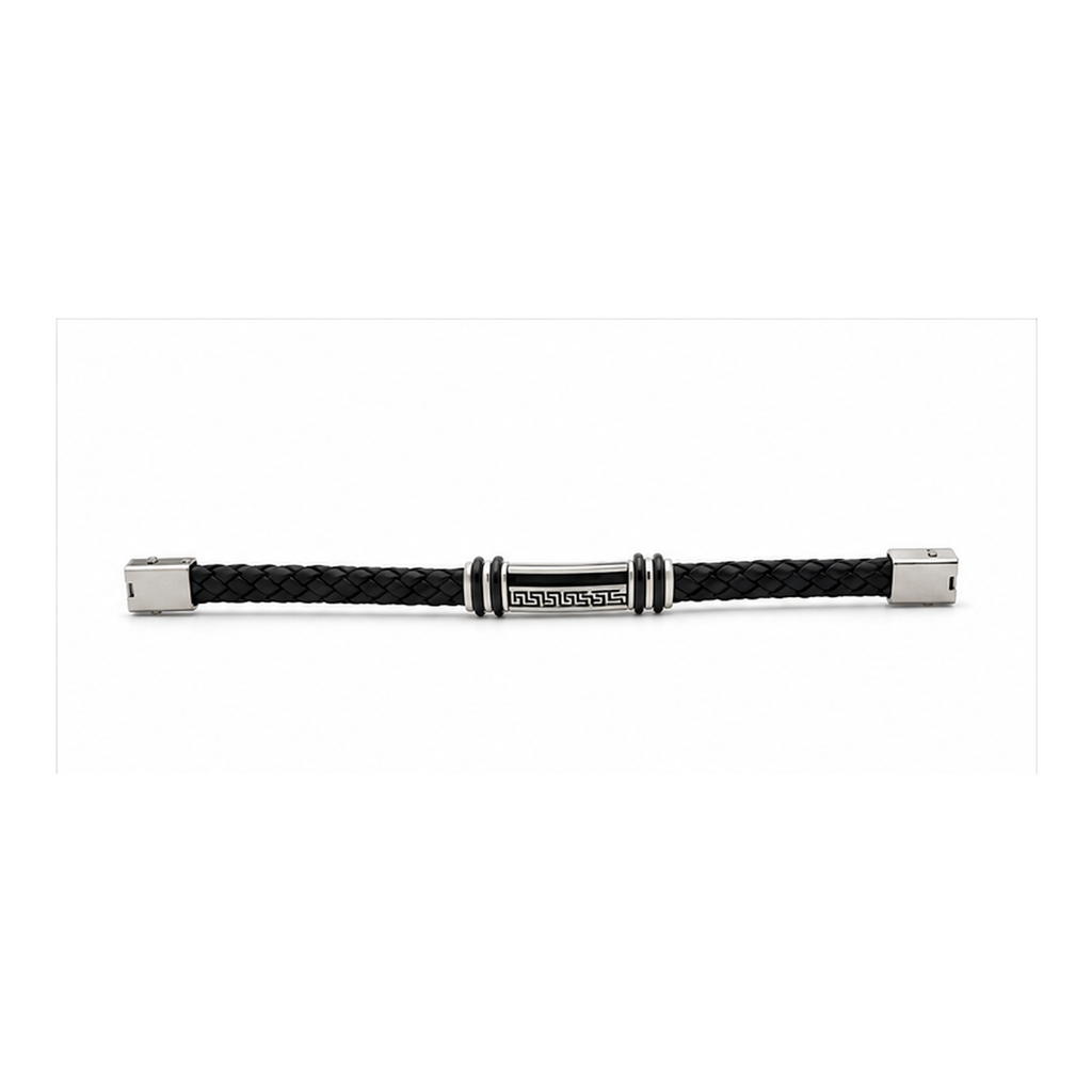 Greek Key Braided Leather Bracelet for Men | Black Leather Stainless Steel Bracelet