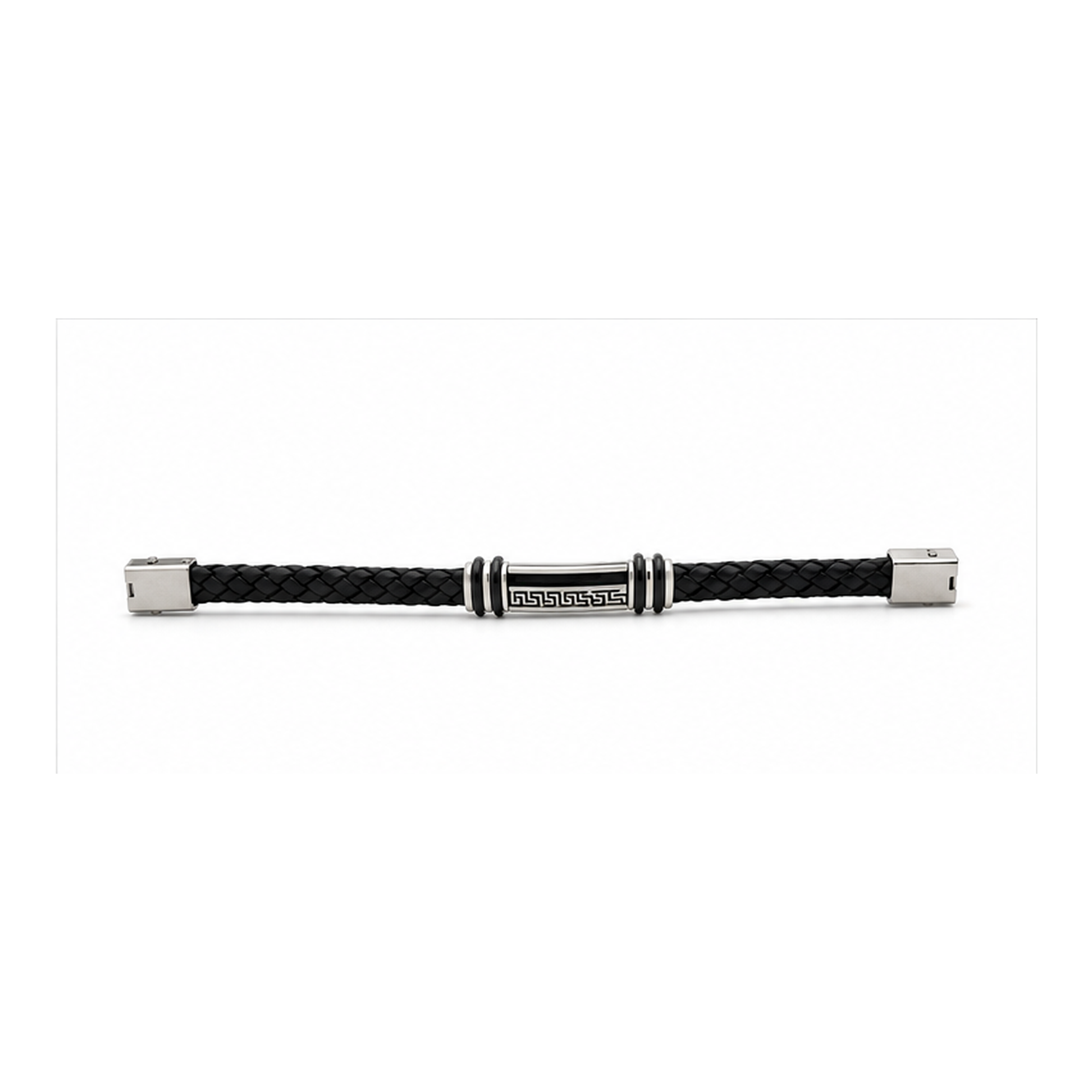 Greek Key Braided Leather Bracelet for Men | Black Leather Stainless Steel Bracelet