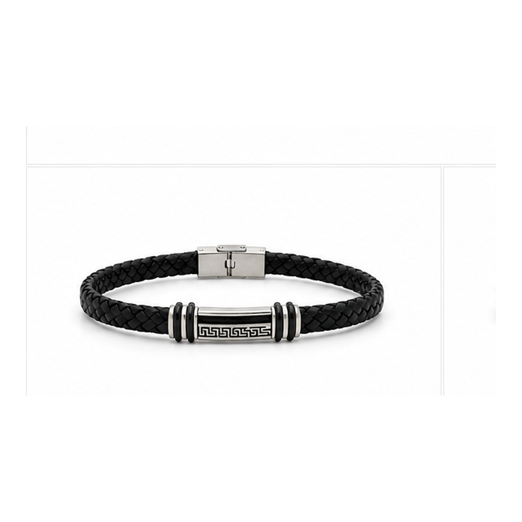 Greek Key Braided Leather Bracelet for Men | Black Leather Stainless Steel Bracelet