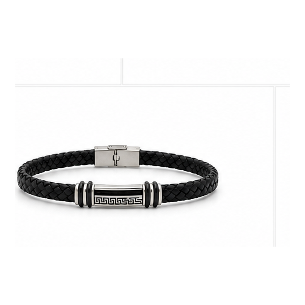 Greek Key Braided Leather Bracelet for Men | Black Leather Stainless Steel Bracelet