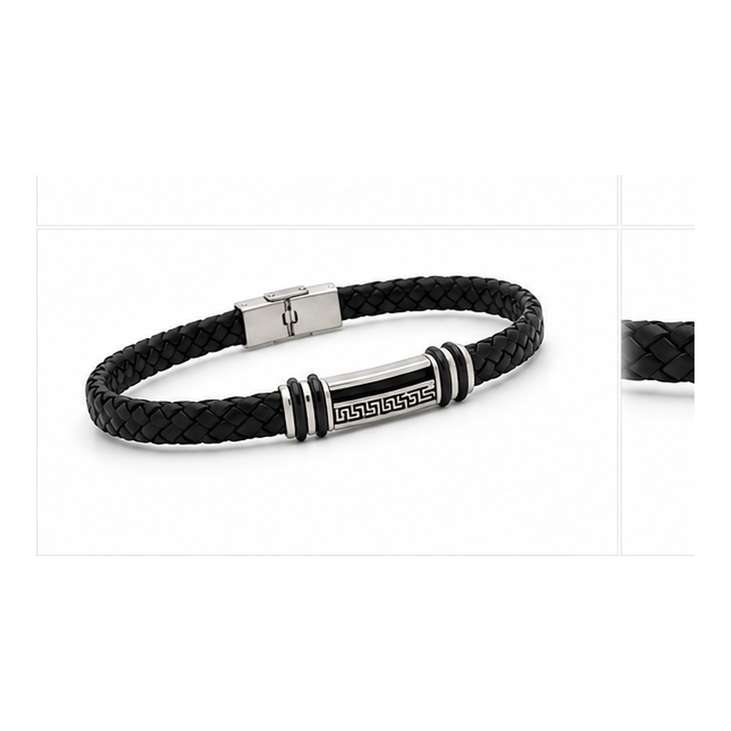 Greek Key Braided Leather Bracelet for Men | Black Leather Stainless Steel Bracelet