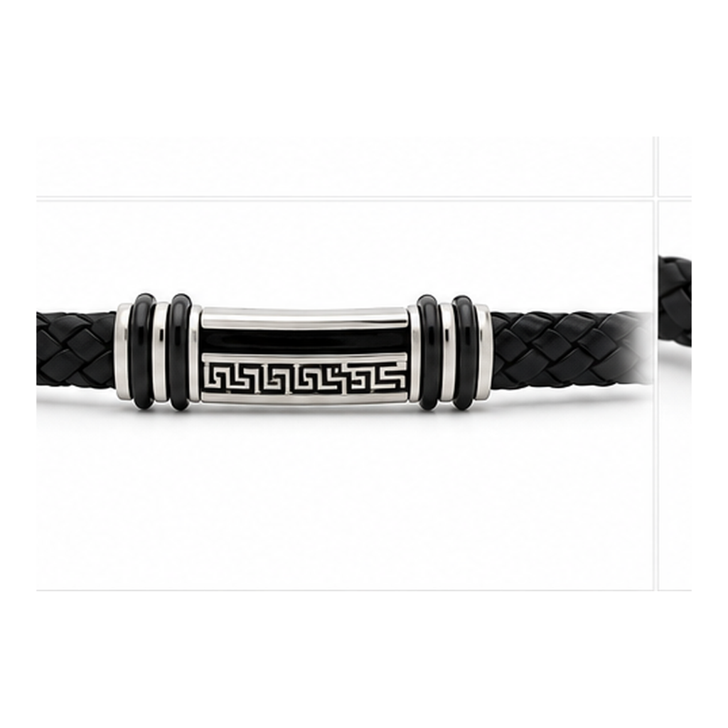 Greek Key Braided Leather Bracelet for Men | Black Leather Stainless Steel Bracelet