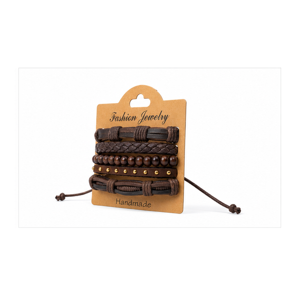 Handmade Brown Leather Bracelet Set for Men | Adjustable Multi-Layer Wristband