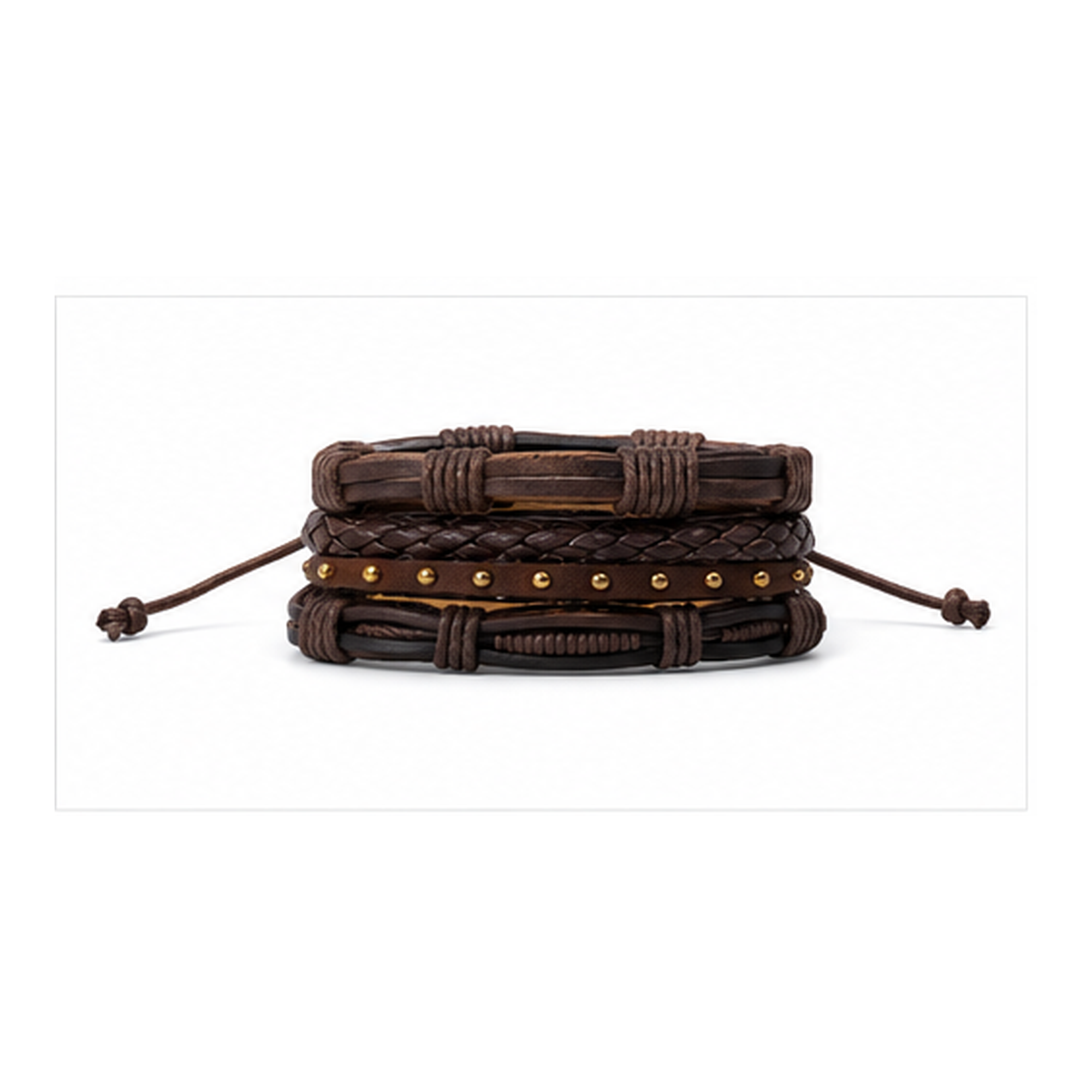 Handmade Brown Leather Bracelet Set for Men | Adjustable Multi-Layer Wristband