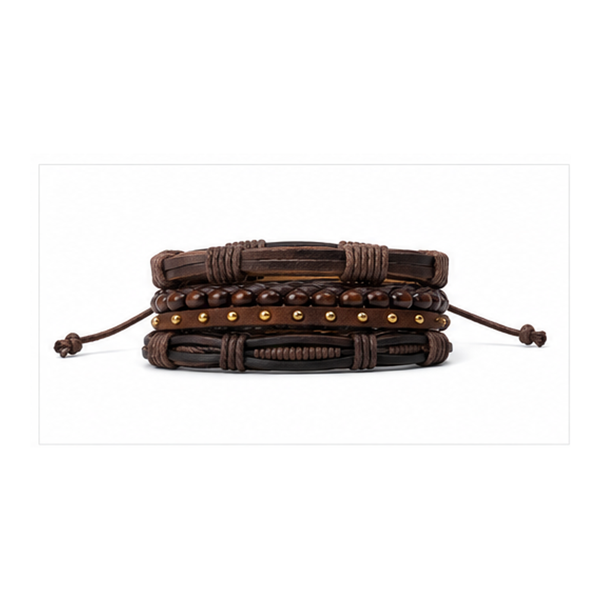 Handmade Brown Leather Bracelet Set for Men | Adjustable Multi-Layer Wristband