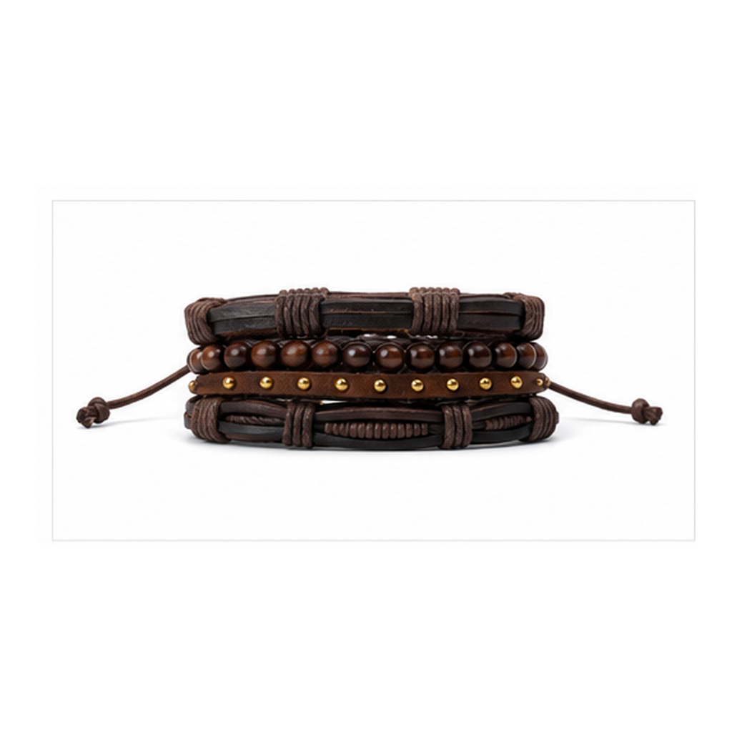 Handmade Brown Leather Bracelet Set for Men | Adjustable Multi-Layer Wristband
