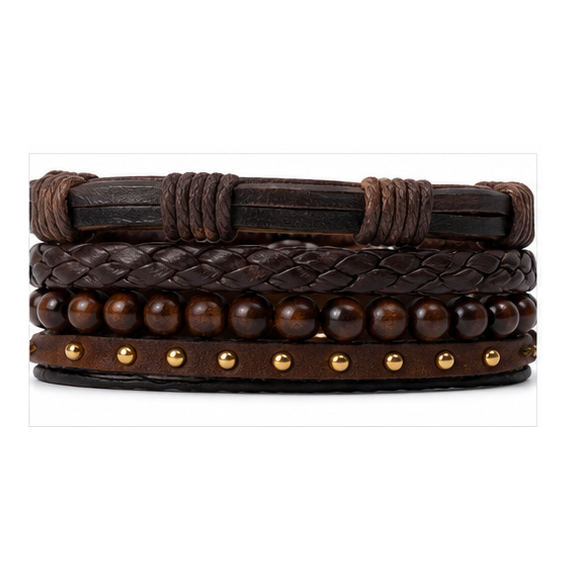 Handmade Brown Leather Bracelet Set for Men | Adjustable Multi-Layer Wristband