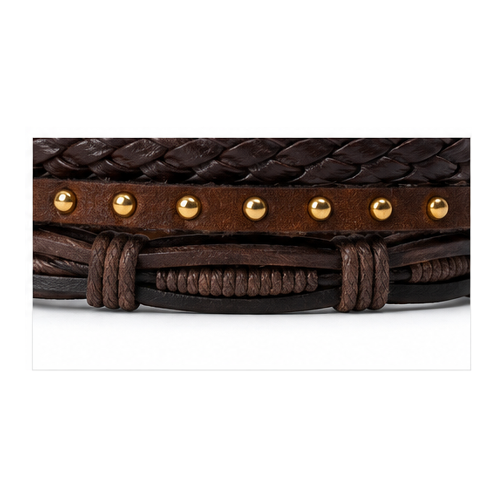 Handmade Brown Leather Bracelet Set for Men | Adjustable Multi-Layer Wristband