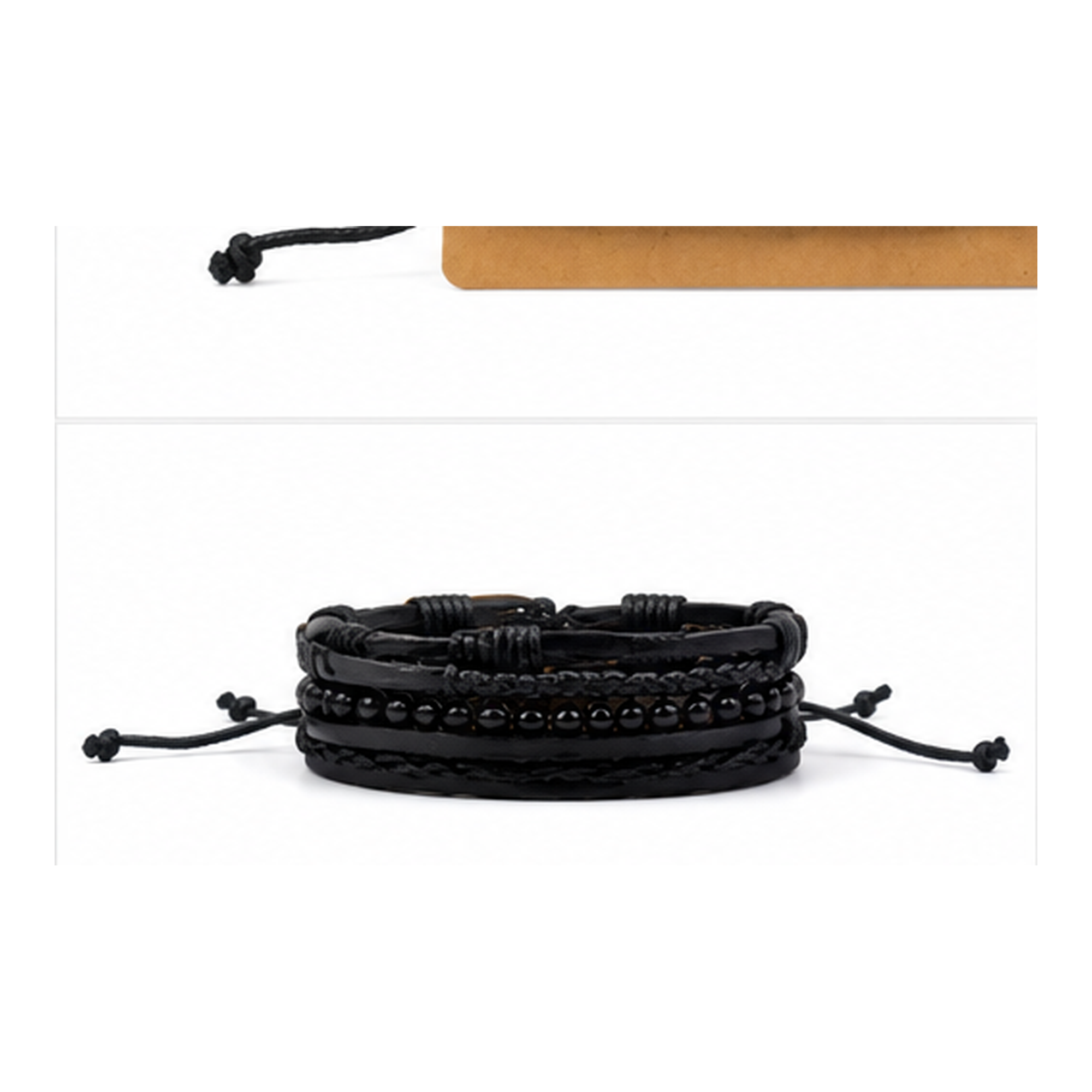 Black Layered Leather Bracelet Set for Men | Adjustable Multi-Strand Wrap Bracelet
