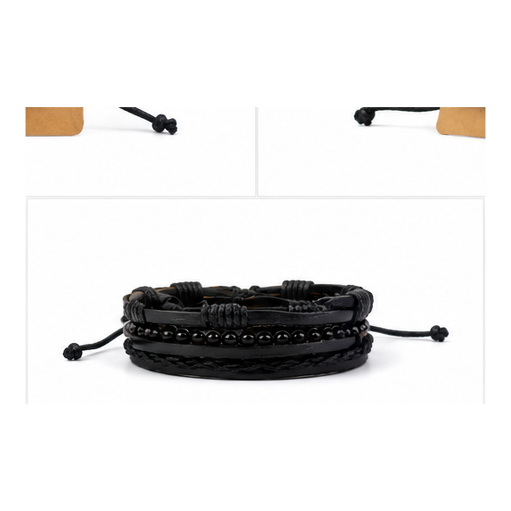 Black Layered Leather Bracelet Set for Men | Adjustable Multi-Strand Wrap Bracelet
