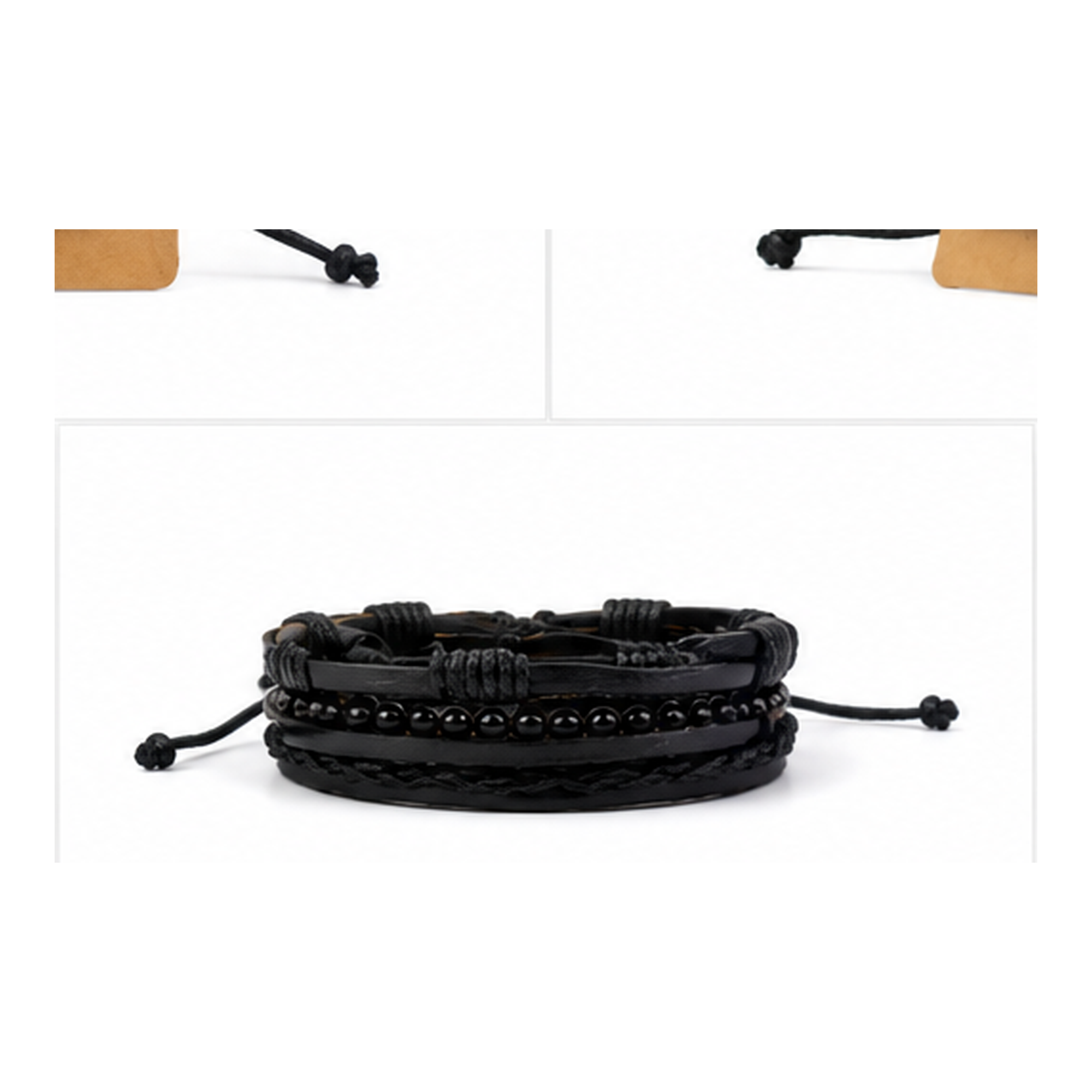 Black Layered Leather Bracelet Set for Men | Adjustable Multi-Strand Wrap Bracelet