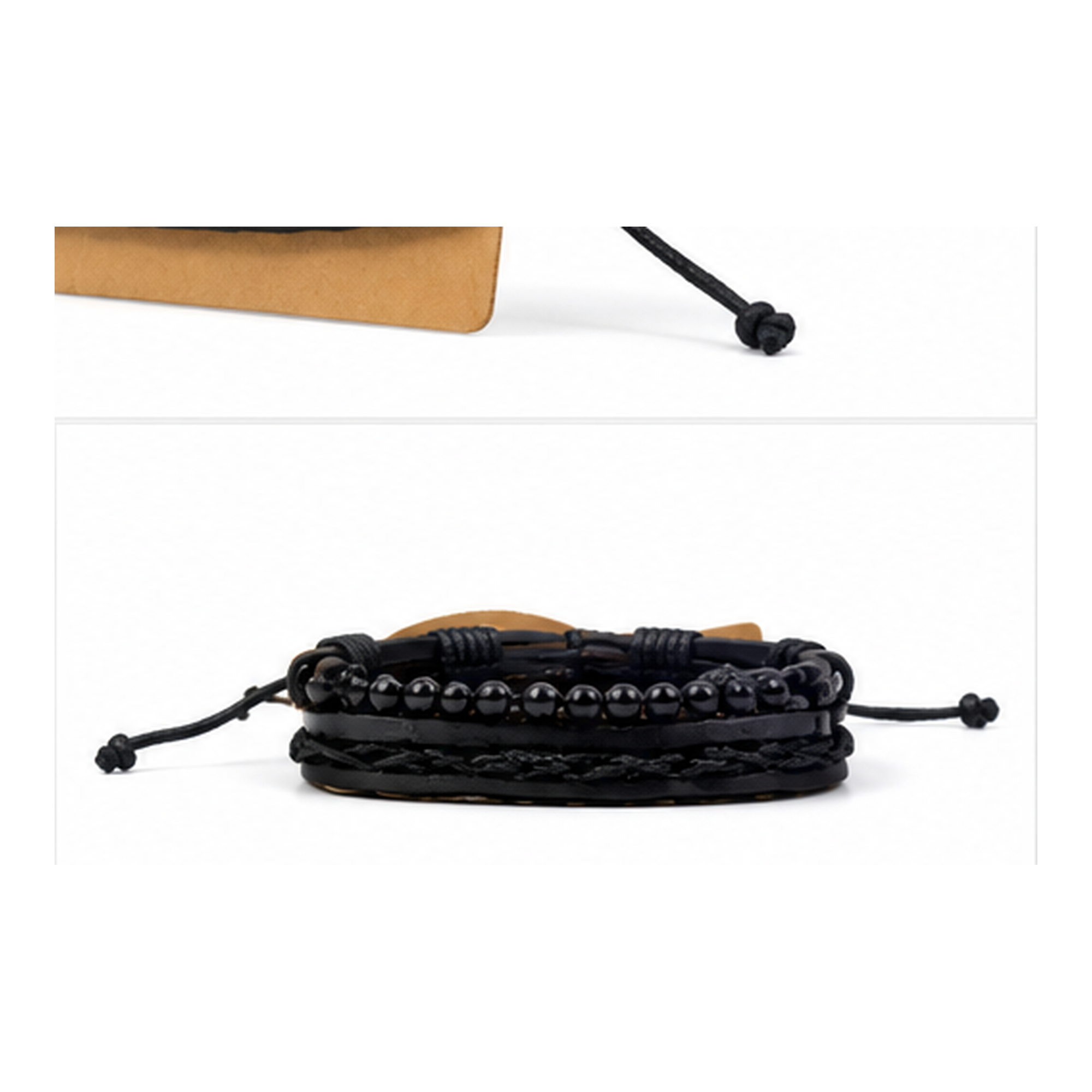 Black Layered Leather Bracelet Set for Men | Adjustable Multi-Strand Wrap Bracelet
