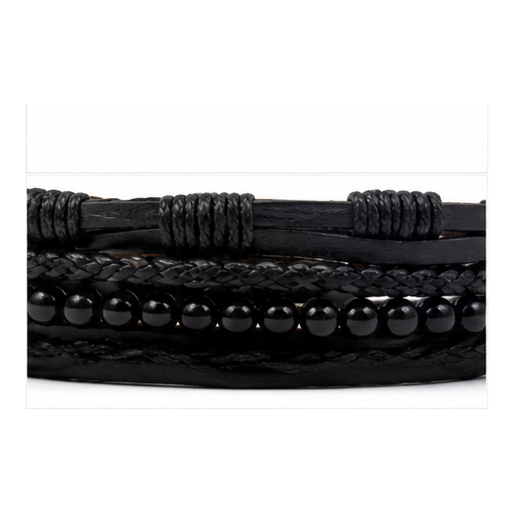 Black Layered Leather Bracelet Set for Men | Adjustable Multi-Strand Wrap Bracelet