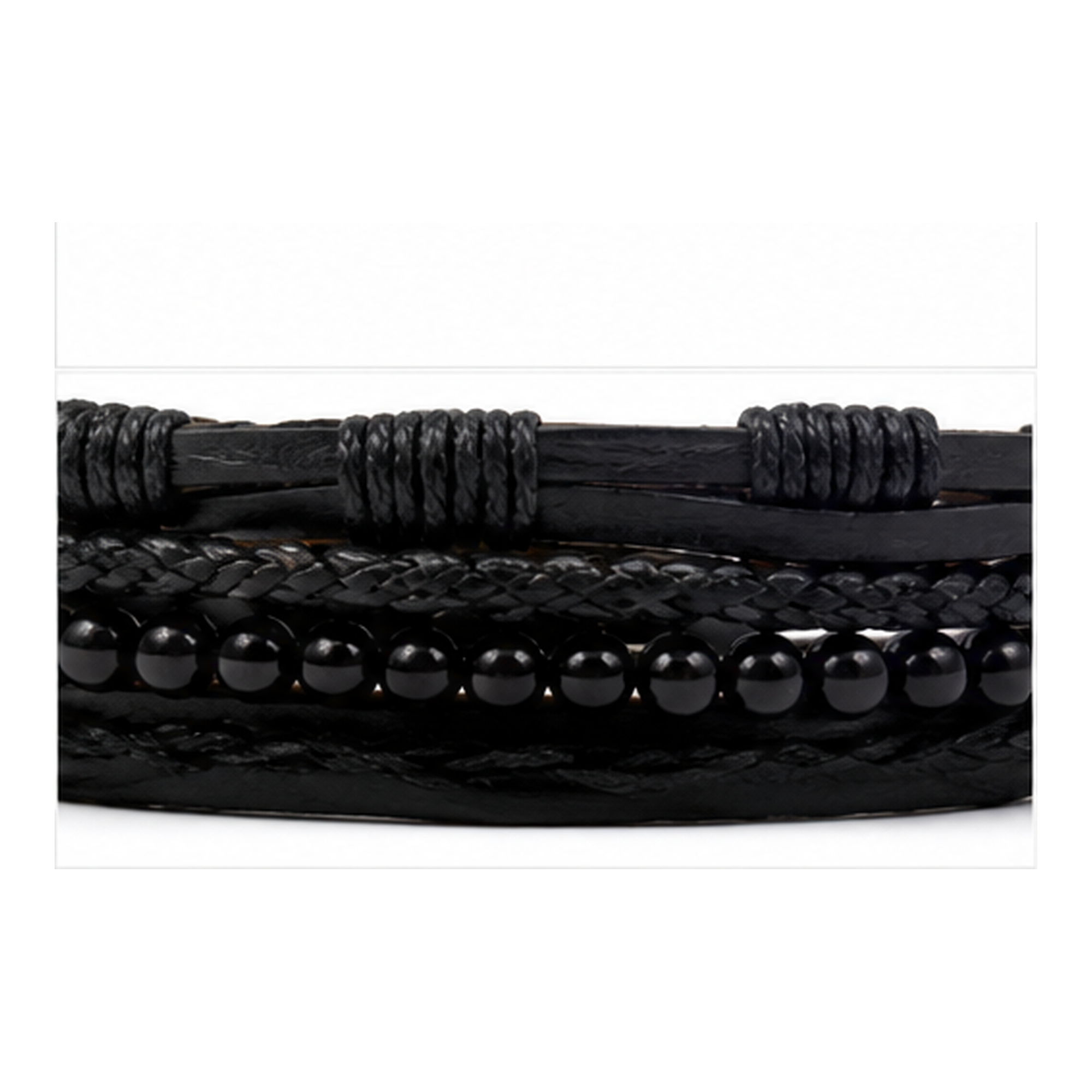 Black Layered Leather Bracelet Set for Men | Adjustable Multi-Strand Wrap Bracelet