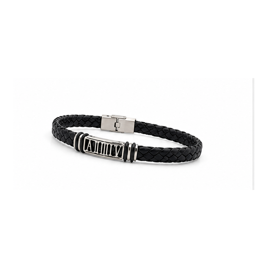Roman Heritage Braided Leather Bracelet for Men | Black Leather & Stainless Steel
