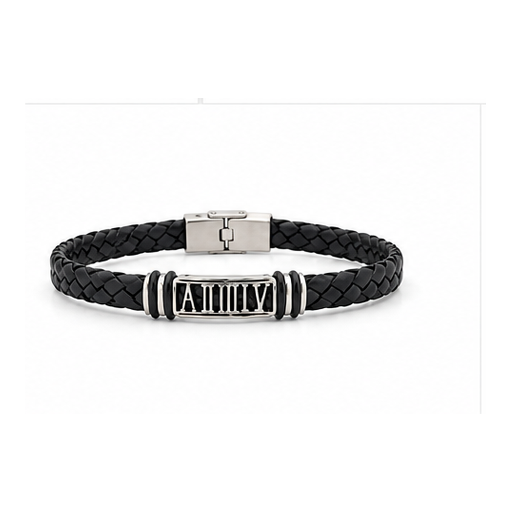 Roman Heritage Braided Leather Bracelet for Men | Black Leather & Stainless Steel